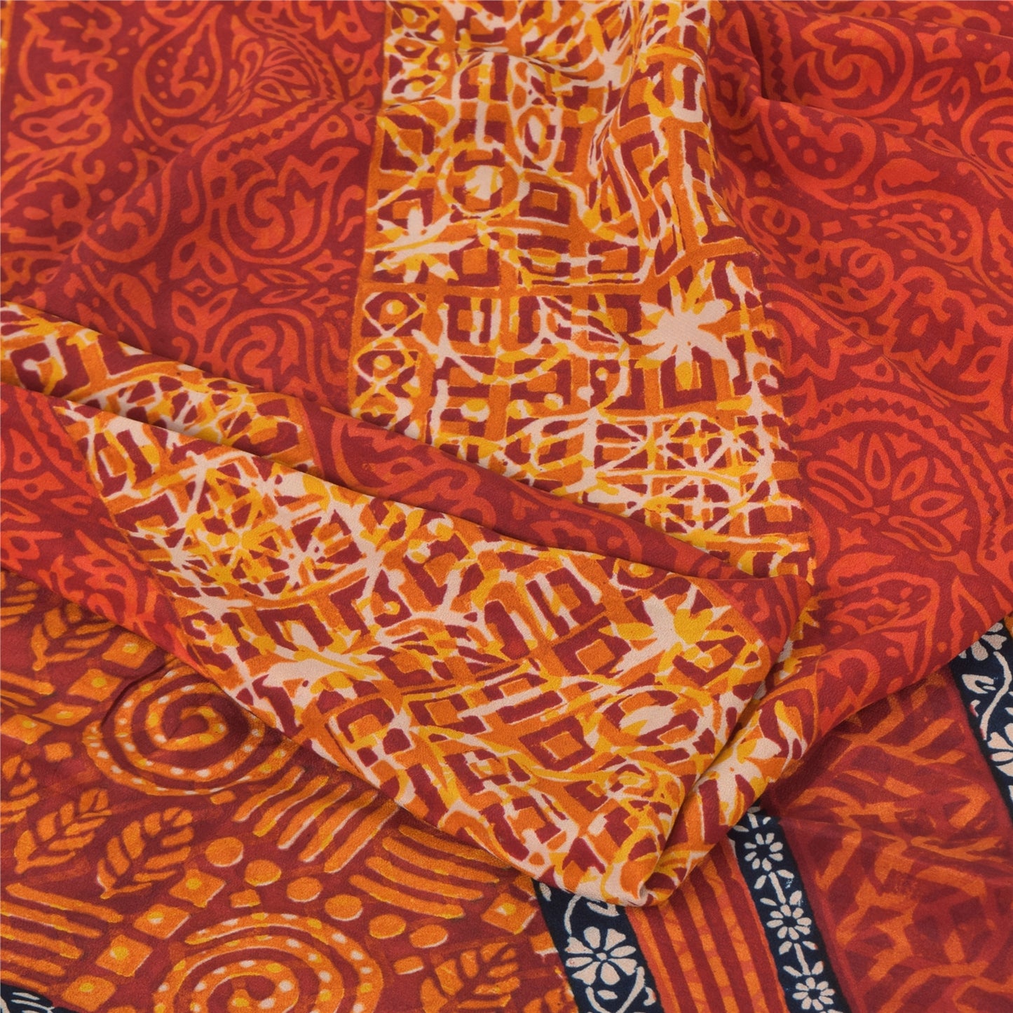 Sanskriti Vintage Sarees Orange Pure Crepe Silk Printed Sari 5yd Craft Sustainable Fabric