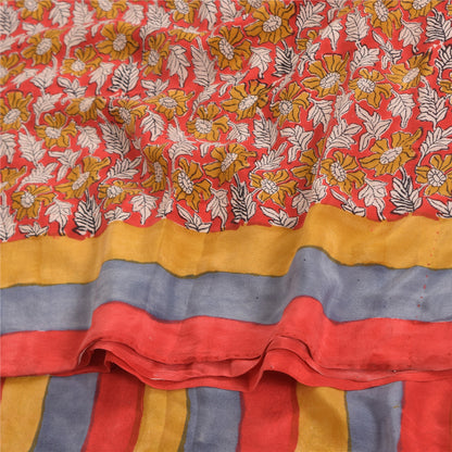 Sanskriti Vintage Sarees Red 100% Pure Crepe Silk Printed Sari 5yd Craft Sustainable Fabric