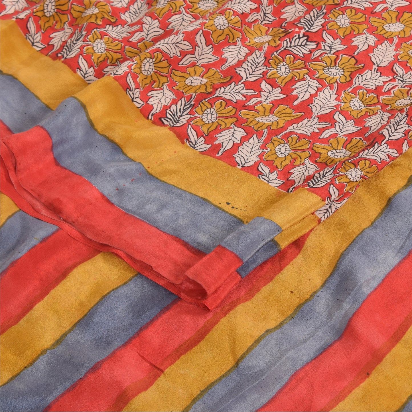 Sanskriti Vintage Sarees Red 100% Pure Crepe Silk Printed Sari 5yd Craft Sustainable Fabric