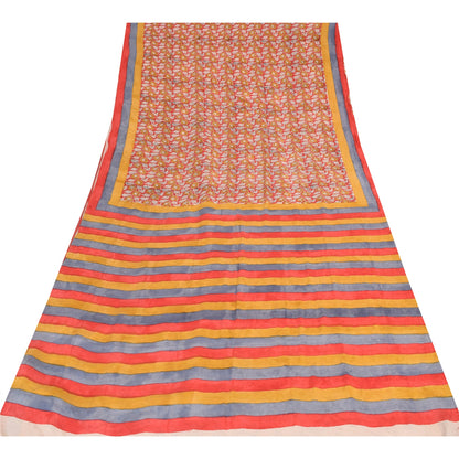 Sanskriti Vintage Sarees Red 100% Pure Crepe Silk Printed Sari 5yd Craft Sustainable Fabric