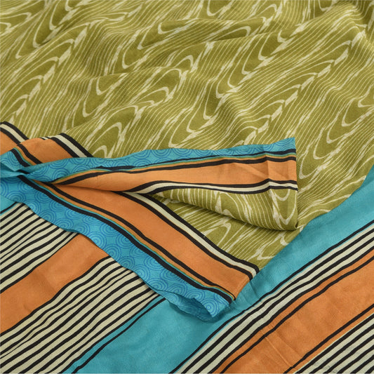 Sanskriti Vintage Sarees Green Pure Crepe Silk Printed Sari 5yd Craft Sustainable Fabric