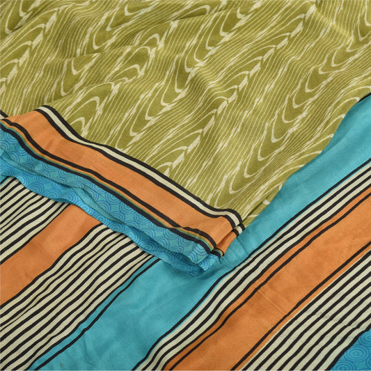 Sanskriti Vintage Sarees Green Pure Crepe Silk Printed Sari 5yd Craft Sustainable Fabric