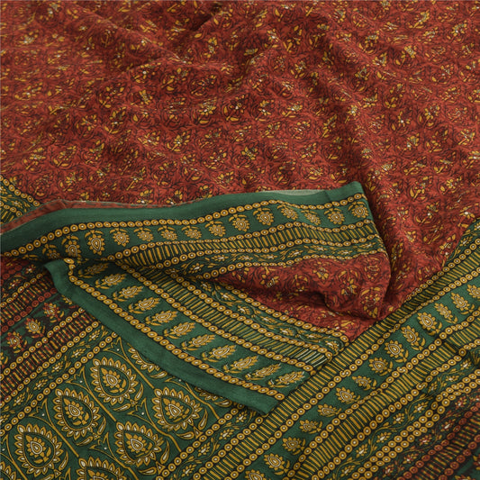 Sanskriti Vintage Sarees Rusty Orange Pure Crepe Printed Sari 5yd Craft Sustainable Fabric