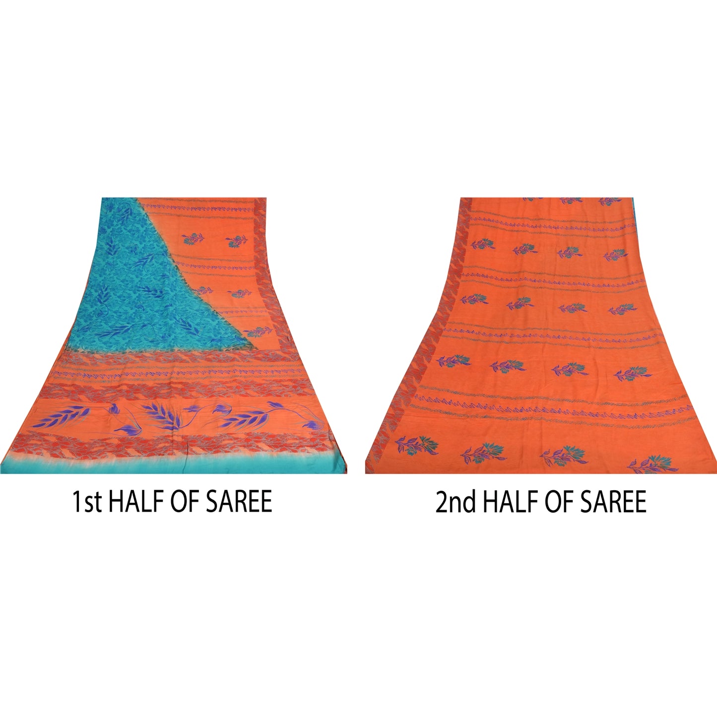 Sanskriti Vintage Sarees Orange/Blue Pure Crepe Silk Print Sari 5yd Craft Sustainable Fabric