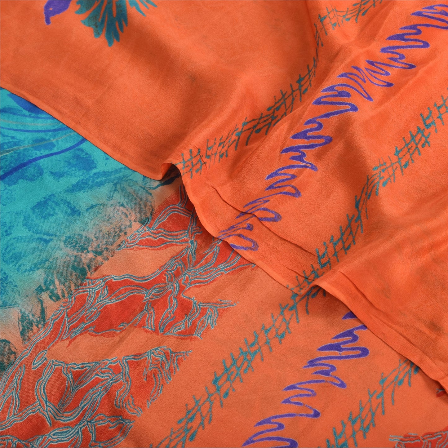 Sanskriti Vintage Sarees Orange/Blue Pure Crepe Silk Print Sari 5yd Craft Sustainable Fabric