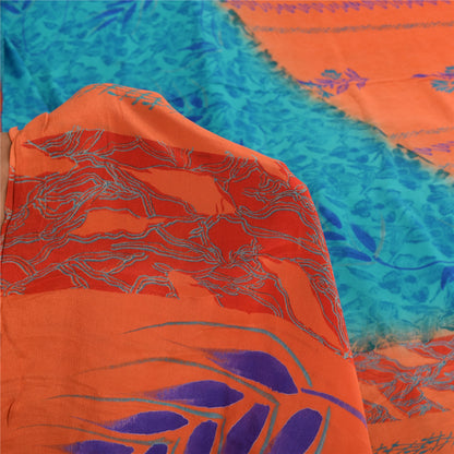 Sanskriti Vintage Sarees Orange/Blue Pure Crepe Silk Print Sari 5yd Craft Sustainable Fabric