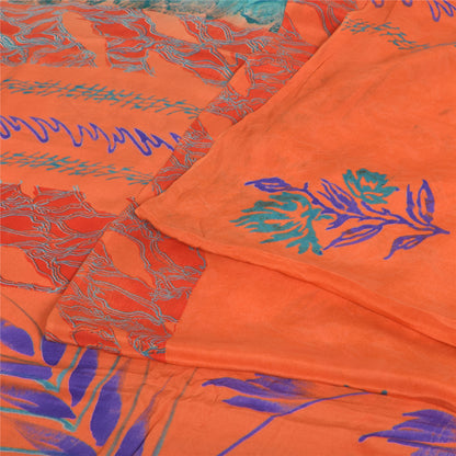 Sanskriti Vintage Sarees Orange/Blue Pure Crepe Silk Print Sari 5yd Craft Sustainable Fabric
