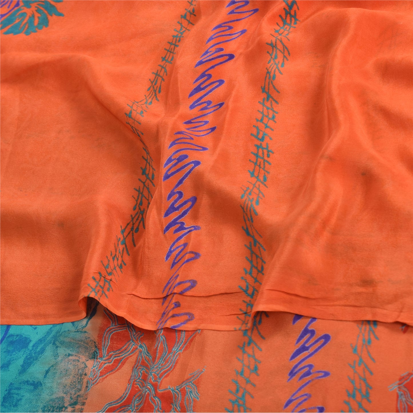 Sanskriti Vintage Sarees Orange/Blue Pure Crepe Silk Print Sari 5yd Craft Sustainable Fabric