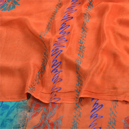 Sanskriti Vintage Sarees Orange/Blue Pure Crepe Silk Print Sari 5yd Craft Sustainable Fabric