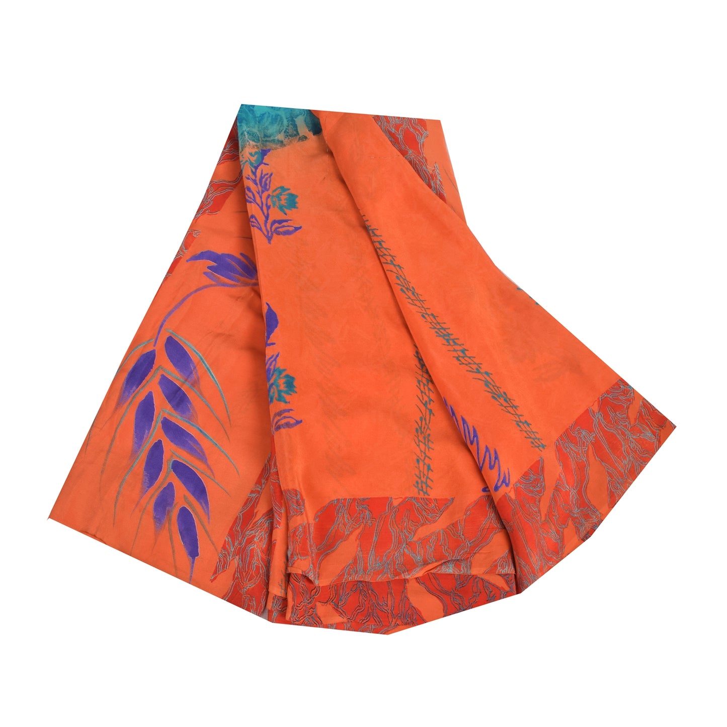 Sanskriti Vintage Sarees Orange/Blue Pure Crepe Silk Print Sari 5yd Craft Sustainable Fabric