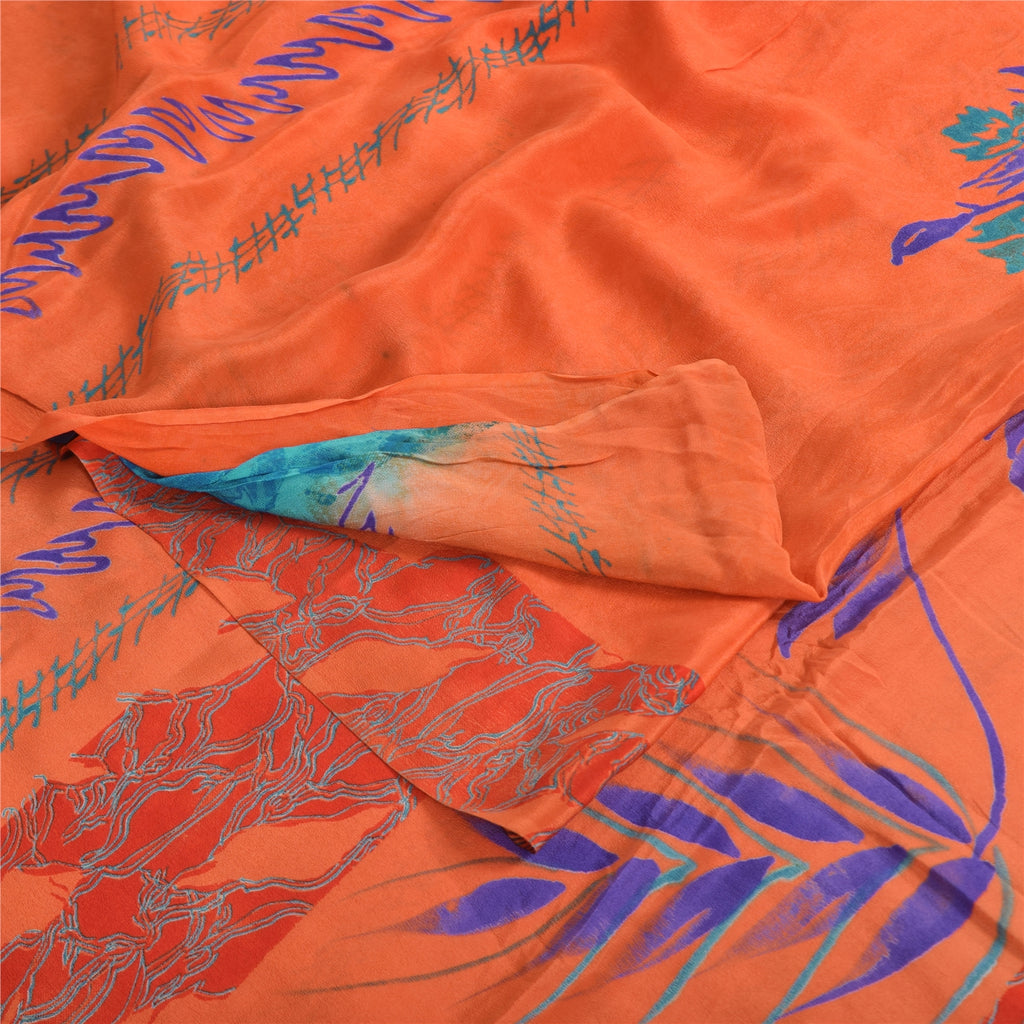Sanskriti Vintage Sarees Orange/Blue Pure Crepe Silk Print Sari 5yd Craft Sustainable Fabric