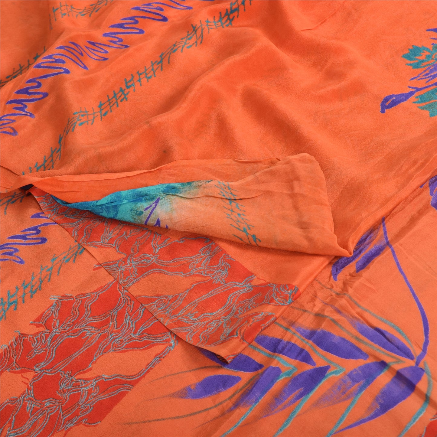 Sanskriti Vintage Sarees Orange/Blue Pure Crepe Silk Print Sari 5yd Craft Sustainable Fabric