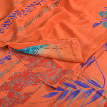 Sanskriti Vintage Sarees Orange/Blue Pure Crepe Silk Print Sari 5yd Craft Sustainable Fabric