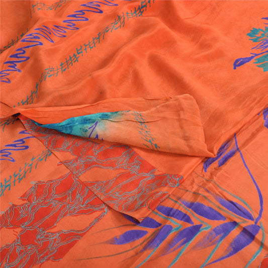 Sanskriti Vintage Sarees Orange/Blue Pure Crepe Silk Print Sari 5yd Craft Sustainable Fabric
