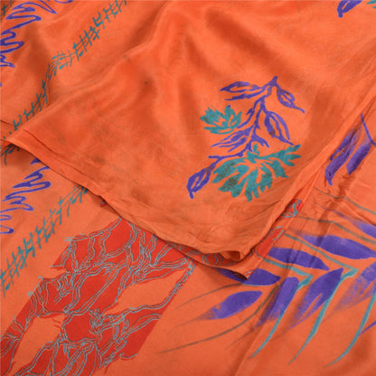 Sanskriti Vintage Sarees Orange/Blue Pure Crepe Silk Print Sari 5yd Craft Sustainable Fabric