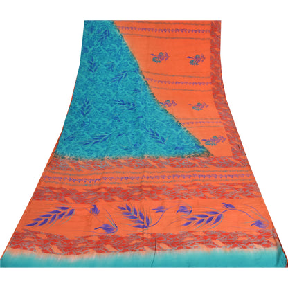 Sanskriti Vintage Sarees Orange/Blue Pure Crepe Silk Print Sari 5yd Craft Sustainable Fabric