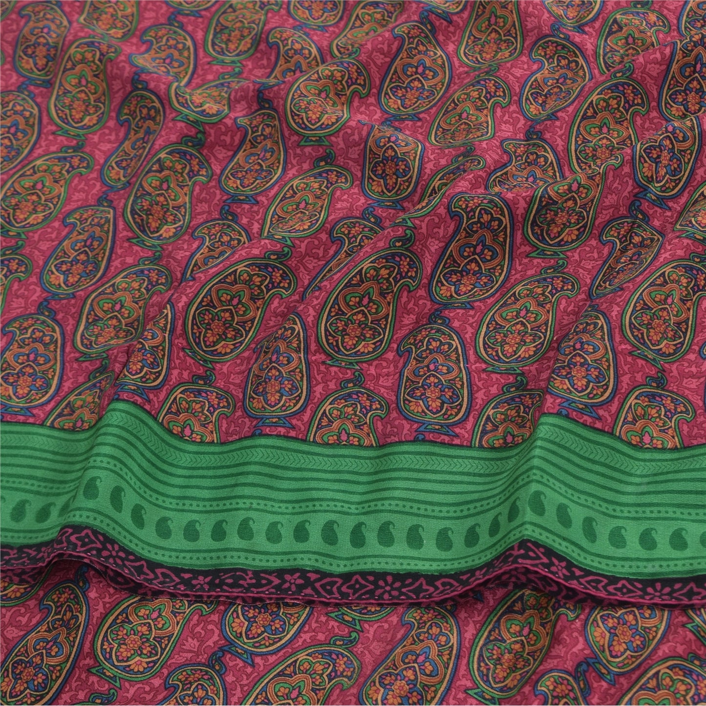 Sanskriti Vintage Sarees Pink Pure Crepe Silk Printed Sari 5yd Craft Sustainable Fabric