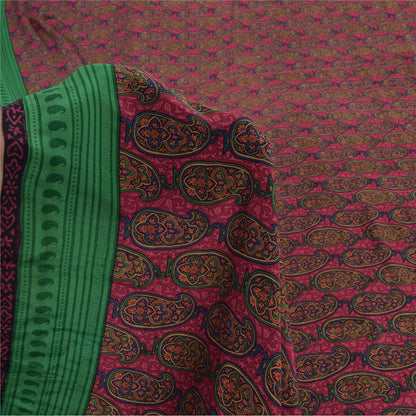 Sanskriti Vintage Sarees Pink Pure Crepe Silk Printed Sari 5yd Craft Sustainable Fabric