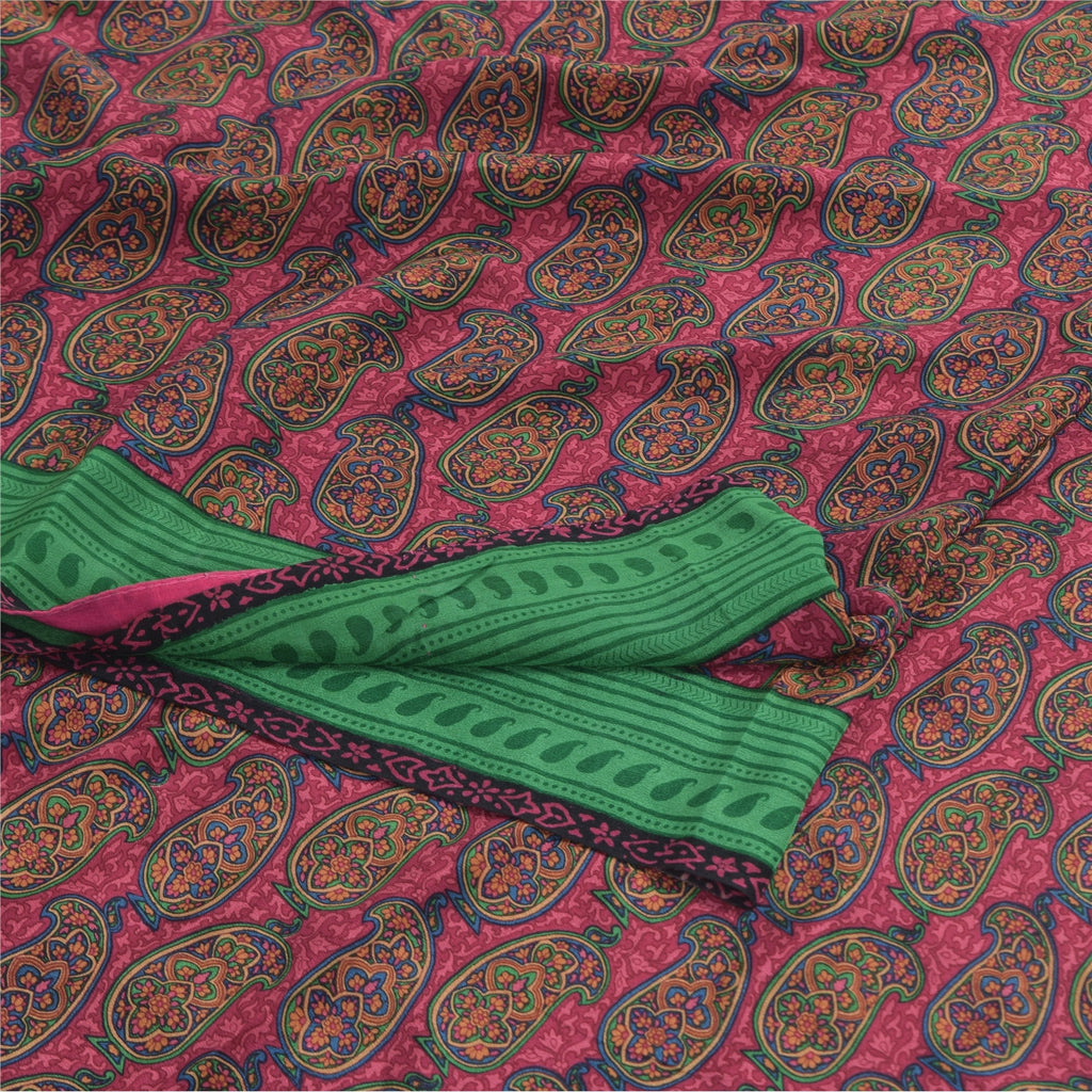 Sanskriti Vintage Sarees Pink Pure Crepe Silk Printed Sari 5yd Craft Sustainable Fabric