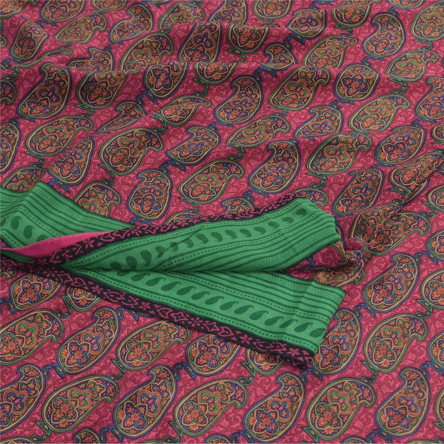 Sanskriti Vintage Sarees Pink Pure Crepe Silk Printed Sari 5yd Craft Sustainable Fabric