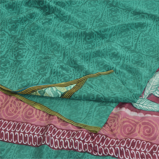 Sanskriti Vintage Sarees Green Pure Crepe Silk Printed Sari 5yd Craft Sustainable Fabric