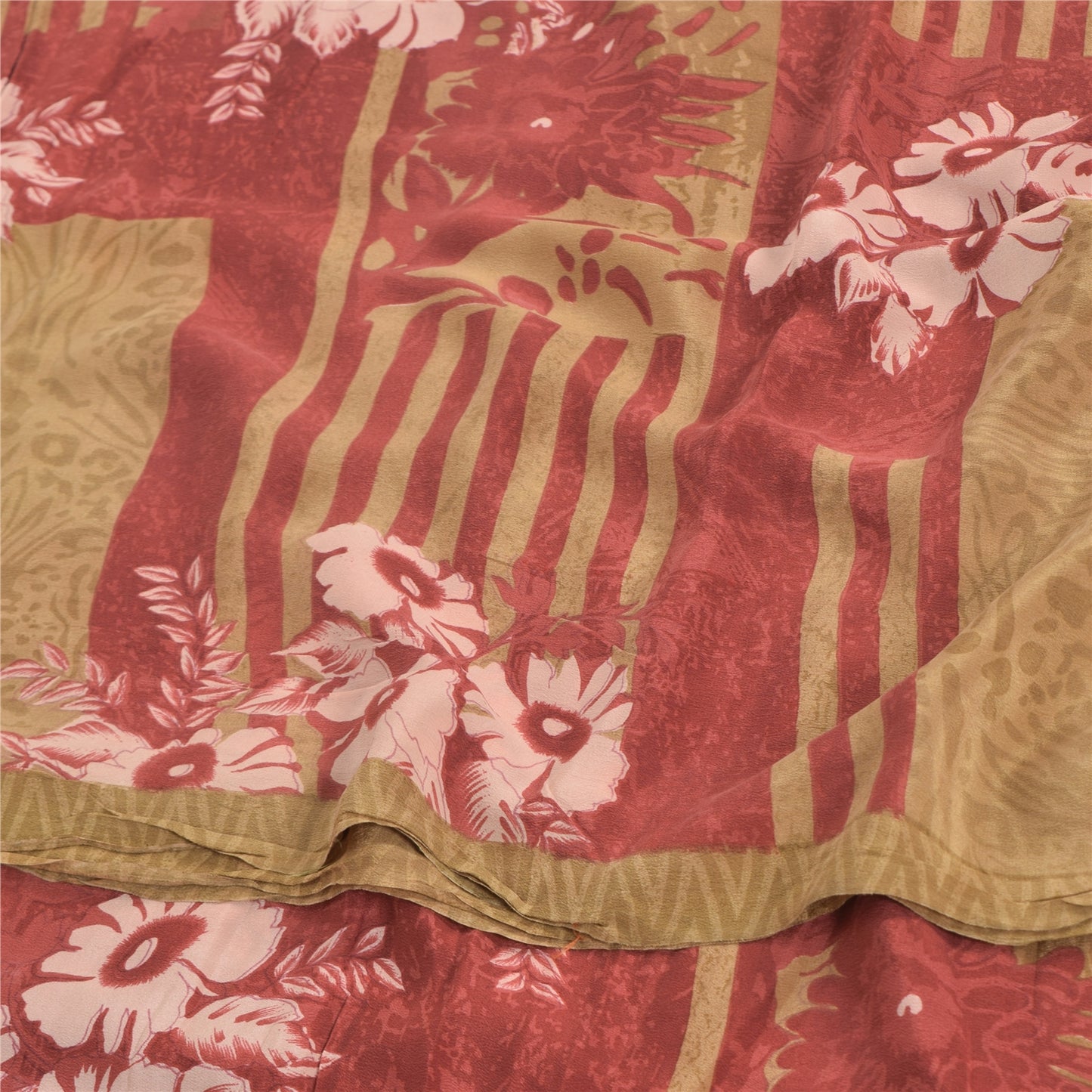 Sanskriti Vintage Sarees Red/Cream Pure Crepe Silk Printed Sari 5yd Craft Sustainable Fabric
