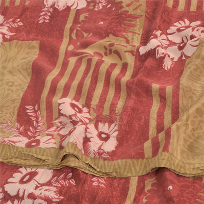 Sanskriti Vintage Sarees Red/Cream Pure Crepe Silk Printed Sari 5yd Craft Sustainable Fabric