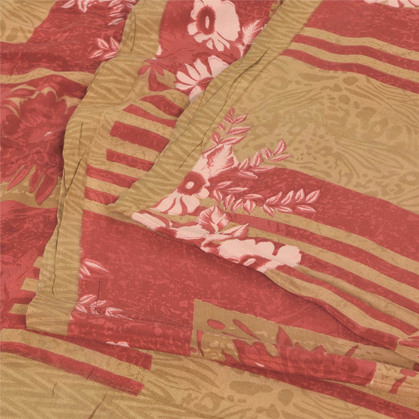 Sanskriti Vintage Sarees Red/Cream Pure Crepe Silk Printed Sari 5yd Craft Sustainable Fabric