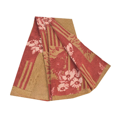 Sanskriti Vintage Sarees Red/Cream Pure Crepe Silk Printed Sari 5yd Craft Sustainable Fabric