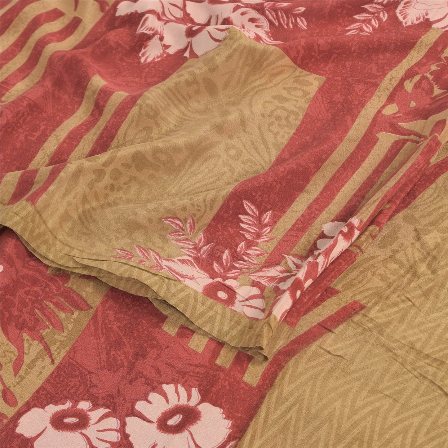 Sanskriti Vintage Sarees Red/Cream Pure Crepe Silk Printed Sari 5yd Craft Sustainable Fabric