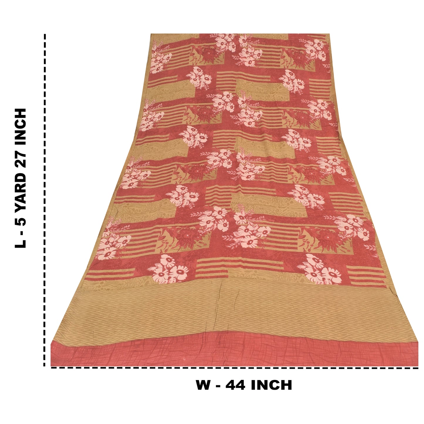 Sanskriti Vintage Sarees Red/Cream Pure Crepe Silk Printed Sari 5yd Craft Sustainable Fabric