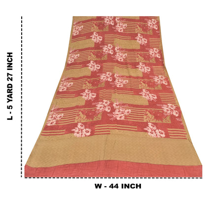 Sanskriti Vintage Sarees Red/Cream Pure Crepe Silk Printed Sari 5yd Craft Sustainable Fabric