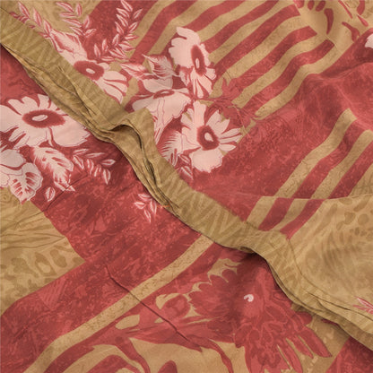 Sanskriti Vintage Sarees Red/Cream Pure Crepe Silk Printed Sari 5yd Craft Sustainable Fabric