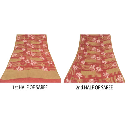 Sanskriti Vintage Sarees Red/Cream Pure Crepe Silk Printed Sari 5yd Craft Sustainable Fabric