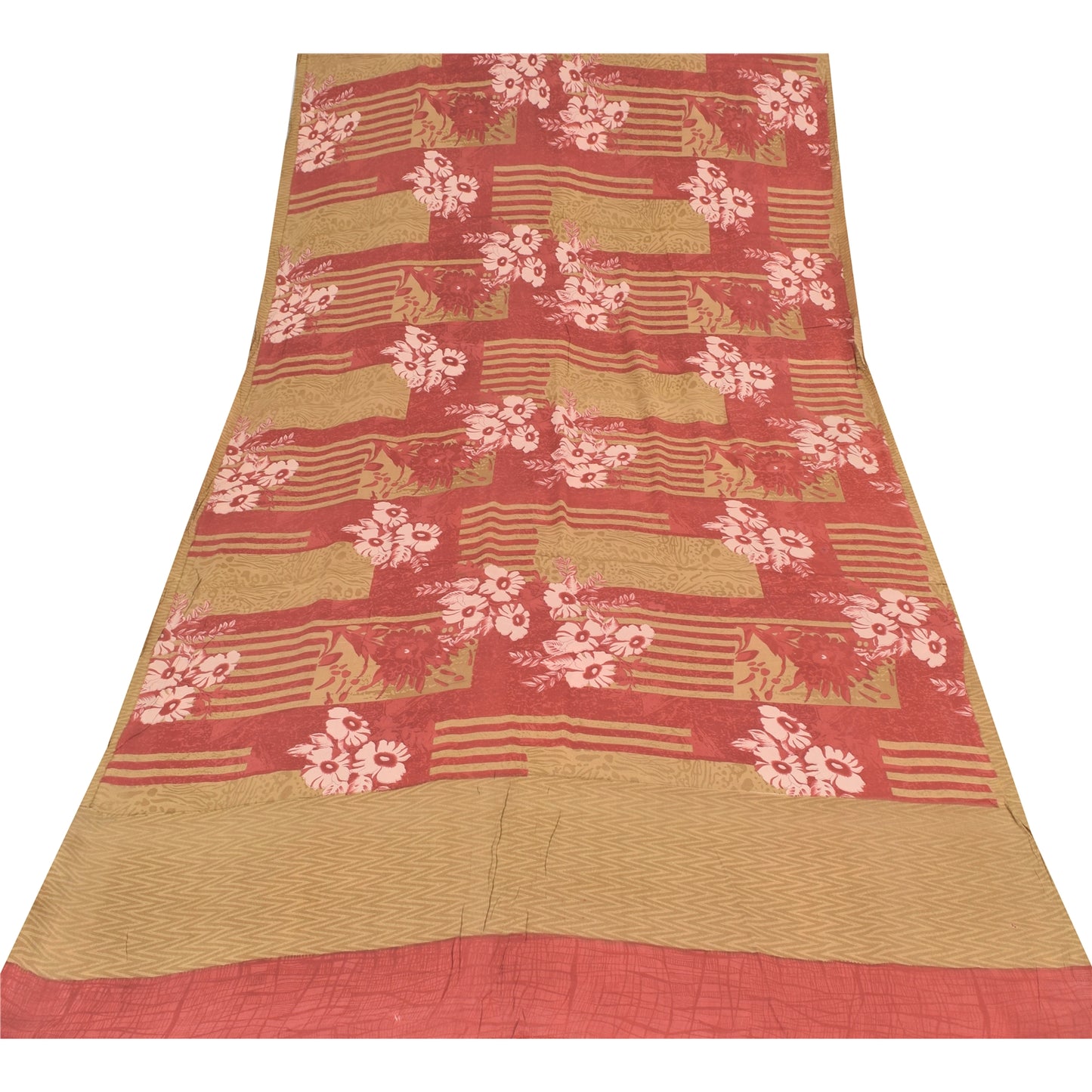 Sanskriti Vintage Sarees Red/Cream Pure Crepe Silk Printed Sari 5yd Craft Sustainable Fabric
