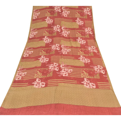 Sanskriti Vintage Sarees Red/Cream Pure Crepe Silk Printed Sari 5yd Craft Sustainable Fabric