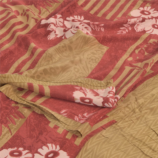 Sanskriti Vintage Sarees Red/Cream Pure Crepe Silk Printed Sari 5yd Craft Sustainable Fabric
