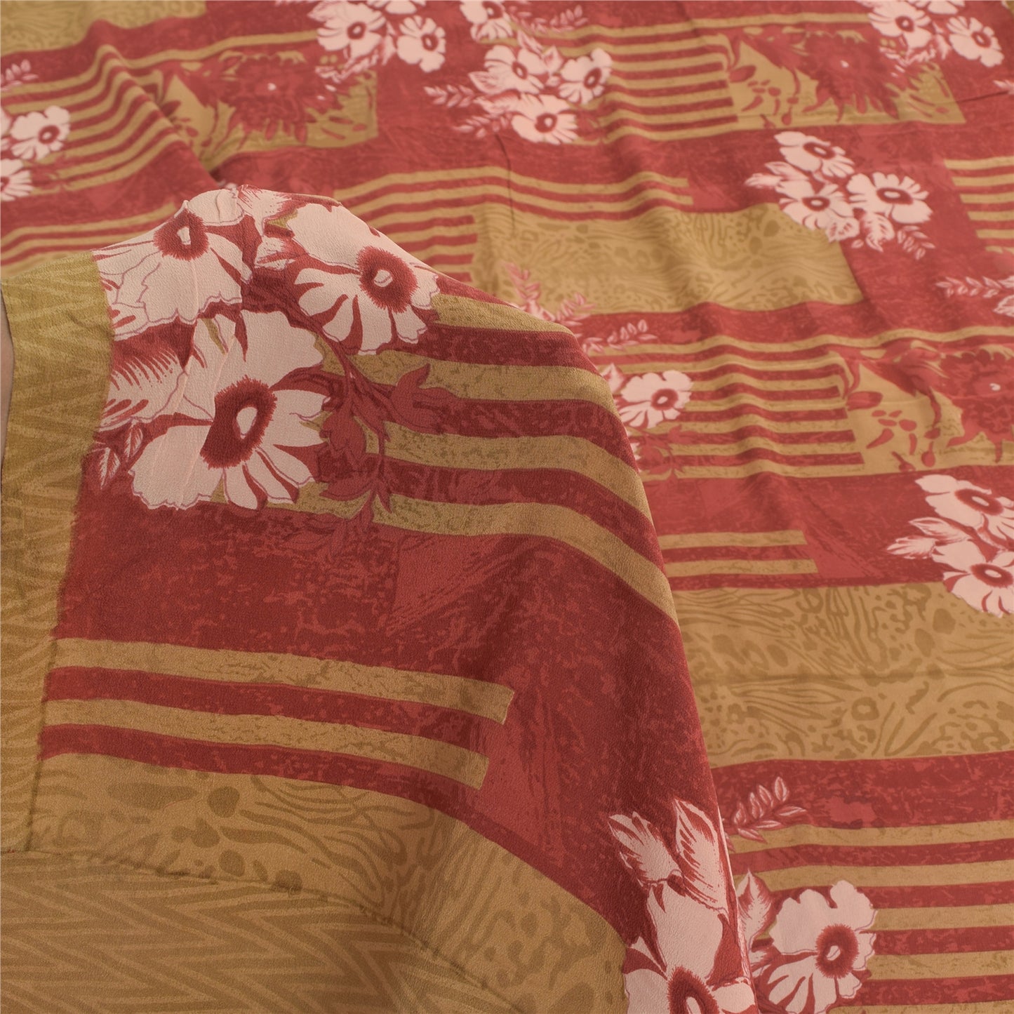 Sanskriti Vintage Sarees Red/Cream Pure Crepe Silk Printed Sari 5yd Craft Sustainable Fabric