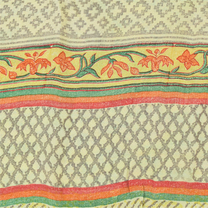 Sanskriti Vintage Sarees Green Pure Crepe Silk Printed Sari 5yd Craft Sustainable Fabric