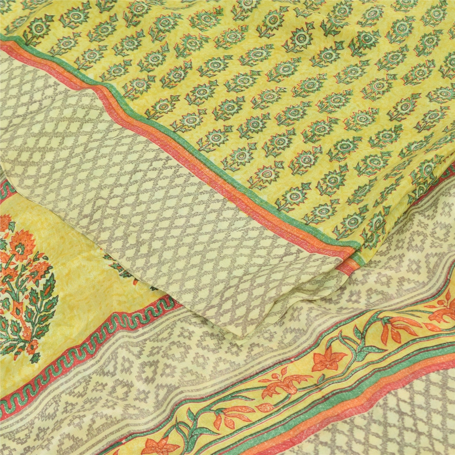 Sanskriti Vintage Sarees Green Pure Crepe Silk Printed Sari 5yd Craft Sustainable Fabric