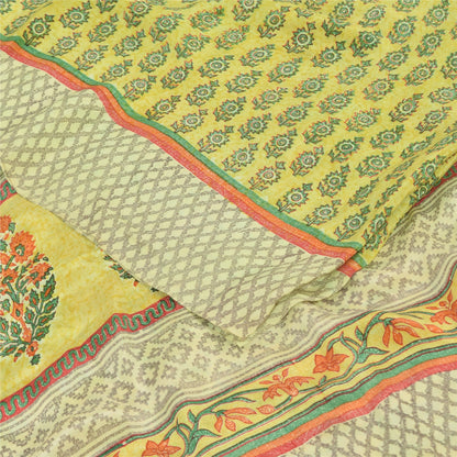 Sanskriti Vintage Sarees Green Pure Crepe Silk Printed Sari 5yd Craft Sustainable Fabric