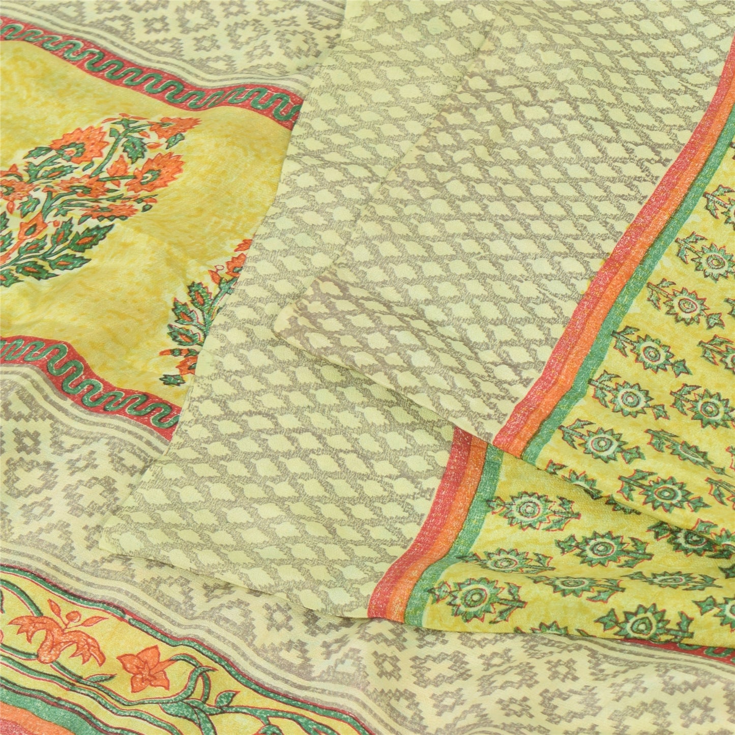 Sanskriti Vintage Sarees Green Pure Crepe Silk Printed Sari 5yd Craft Sustainable Fabric