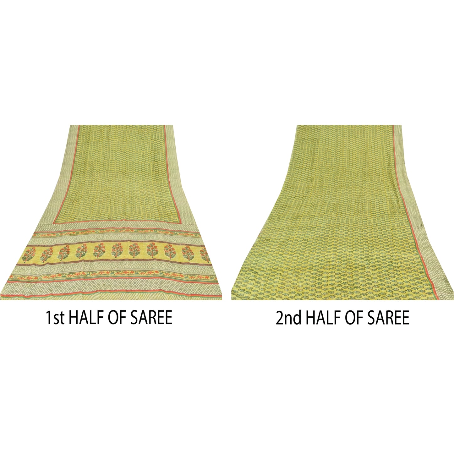 Sanskriti Vintage Sarees Green Pure Crepe Silk Printed Sari 5yd Craft Sustainable Fabric