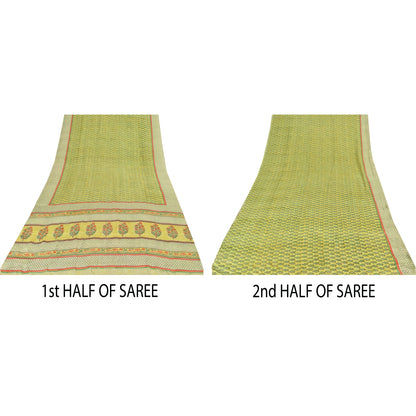 Sanskriti Vintage Sarees Green Pure Crepe Silk Printed Sari 5yd Craft Sustainable Fabric