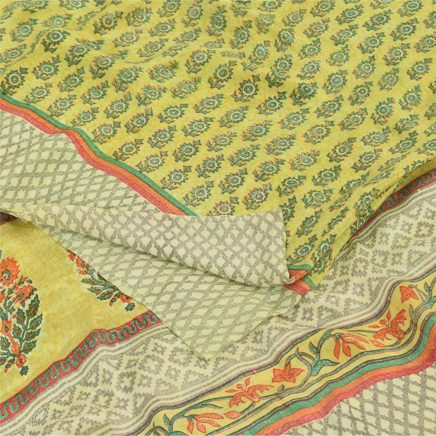 Sanskriti Vintage Sarees Green Pure Crepe Silk Printed Sari 5yd Craft Sustainable Fabric