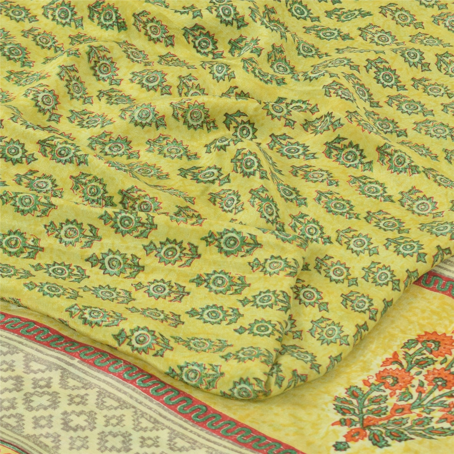 Sanskriti Vintage Sarees Green Pure Crepe Silk Printed Sari 5yd Craft Sustainable Fabric