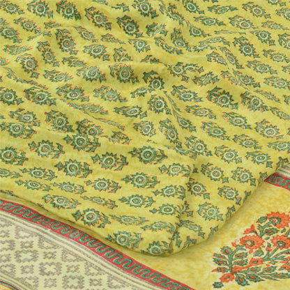Sanskriti Vintage Sarees Green Pure Crepe Silk Printed Sari 5yd Craft Sustainable Fabric