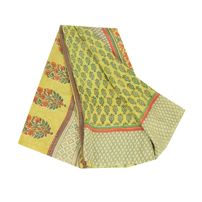 Sanskriti Vintage Sarees Green Pure Crepe Silk Printed Sari 5yd Craft Sustainable Fabric