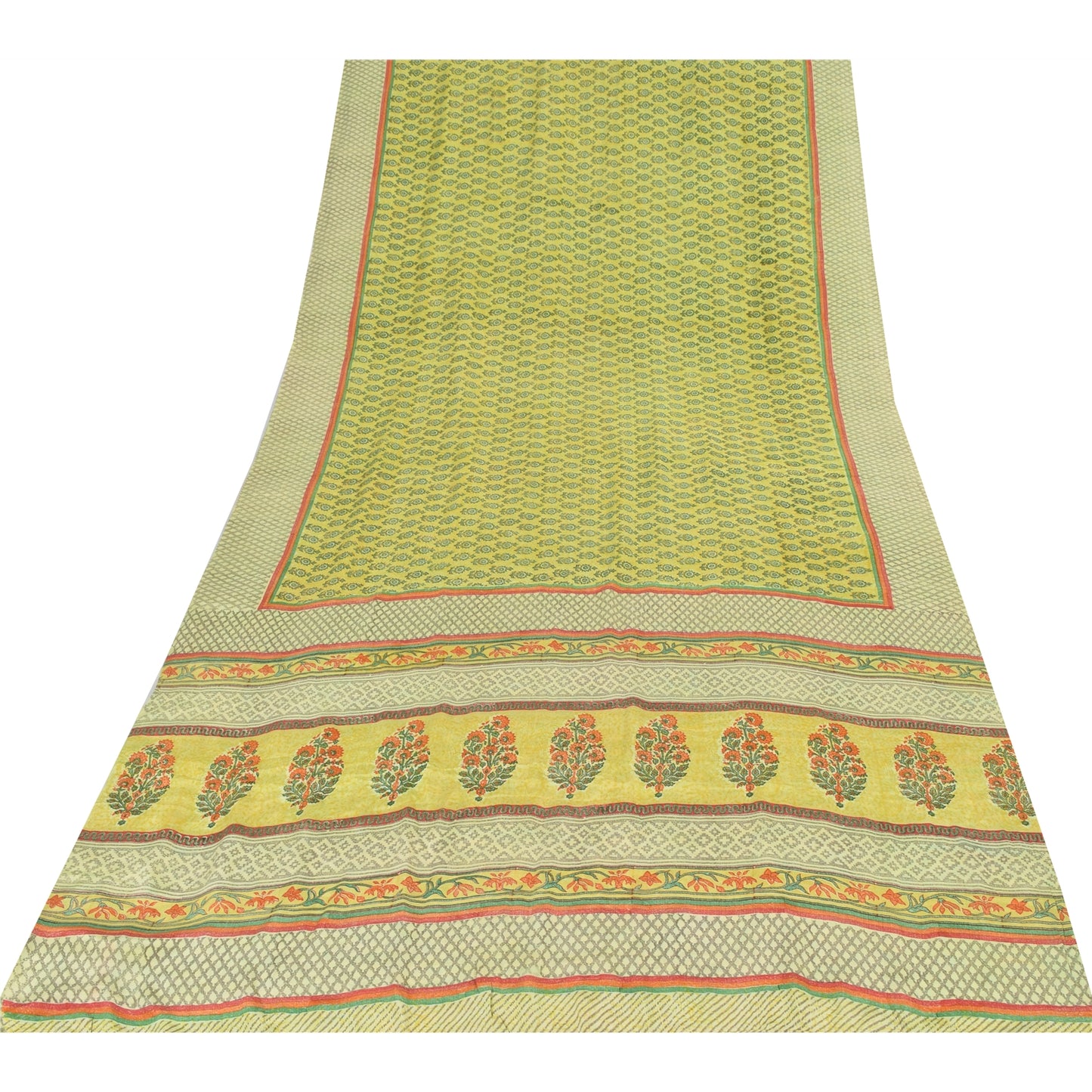 Sanskriti Vintage Sarees Green Pure Crepe Silk Printed Sari 5yd Craft Sustainable Fabric