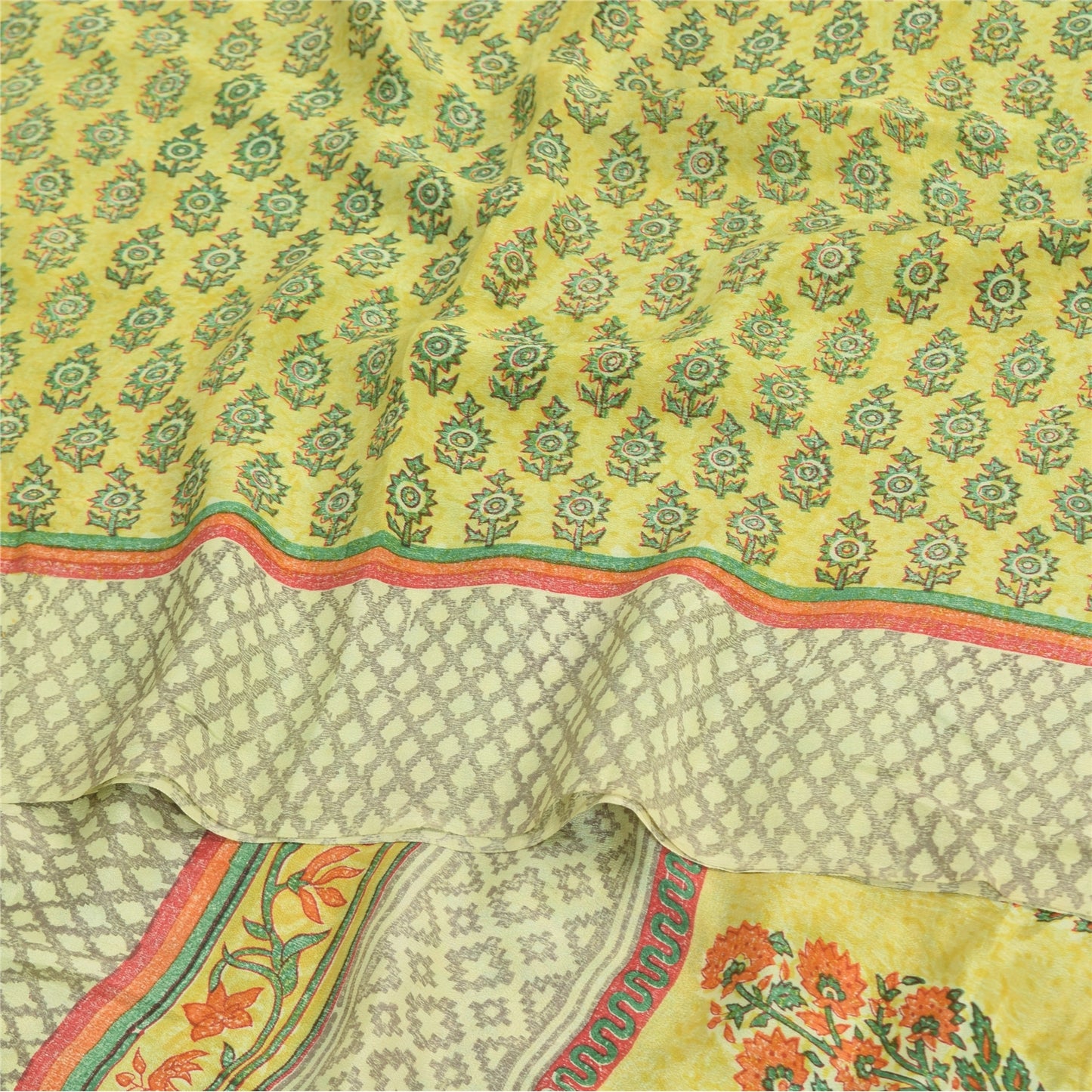 Sanskriti Vintage Sarees Green Pure Crepe Silk Printed Sari 5yd Craft Sustainable Fabric